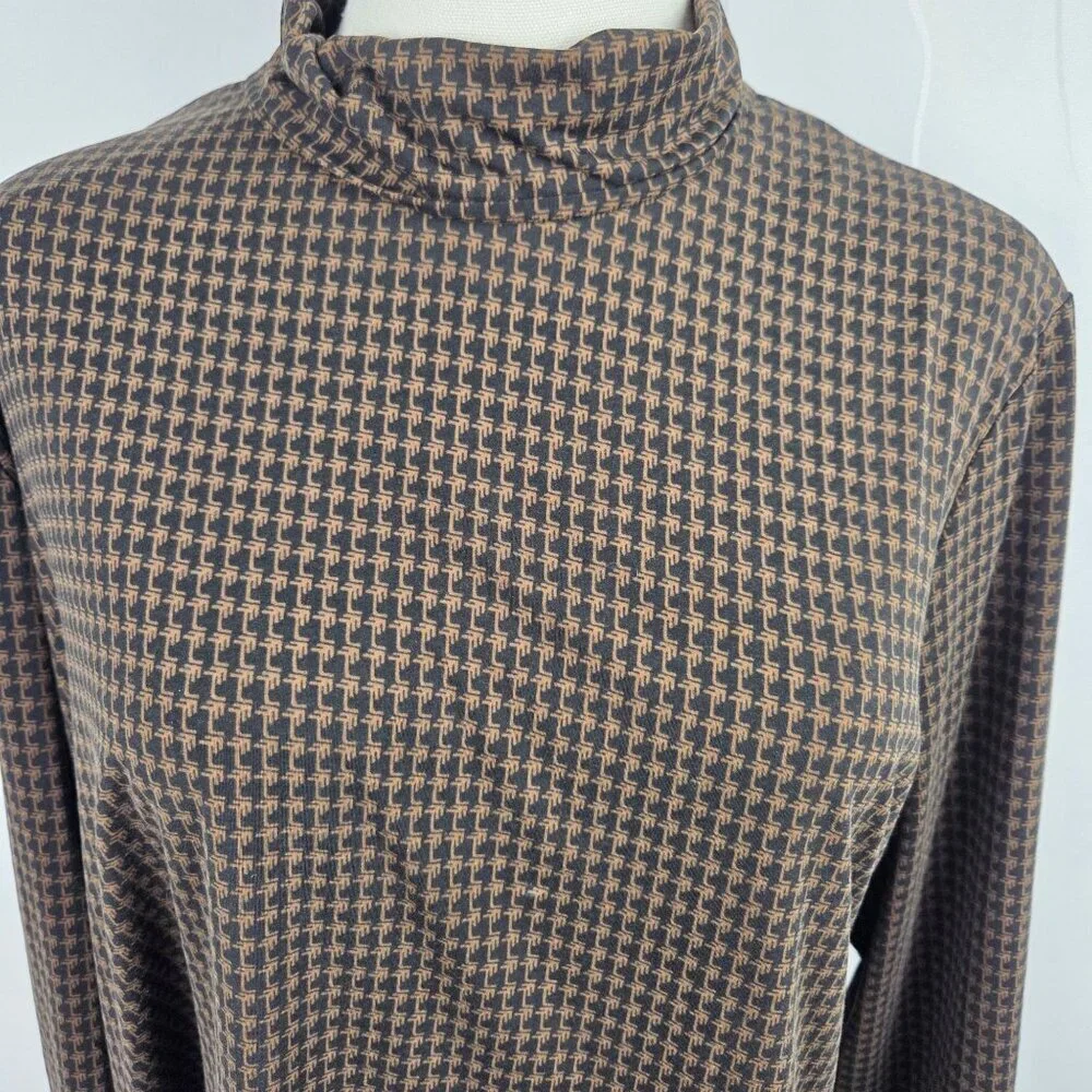 J.McLaughlin Top XL Houndstooth Brown Black Long Sleeve Mock Neck Academia - Picture 3 of 11